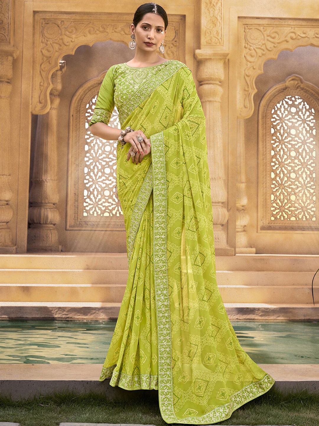 

Mitera Green Bandhani Printed Embroidered Poly Georgette Saree