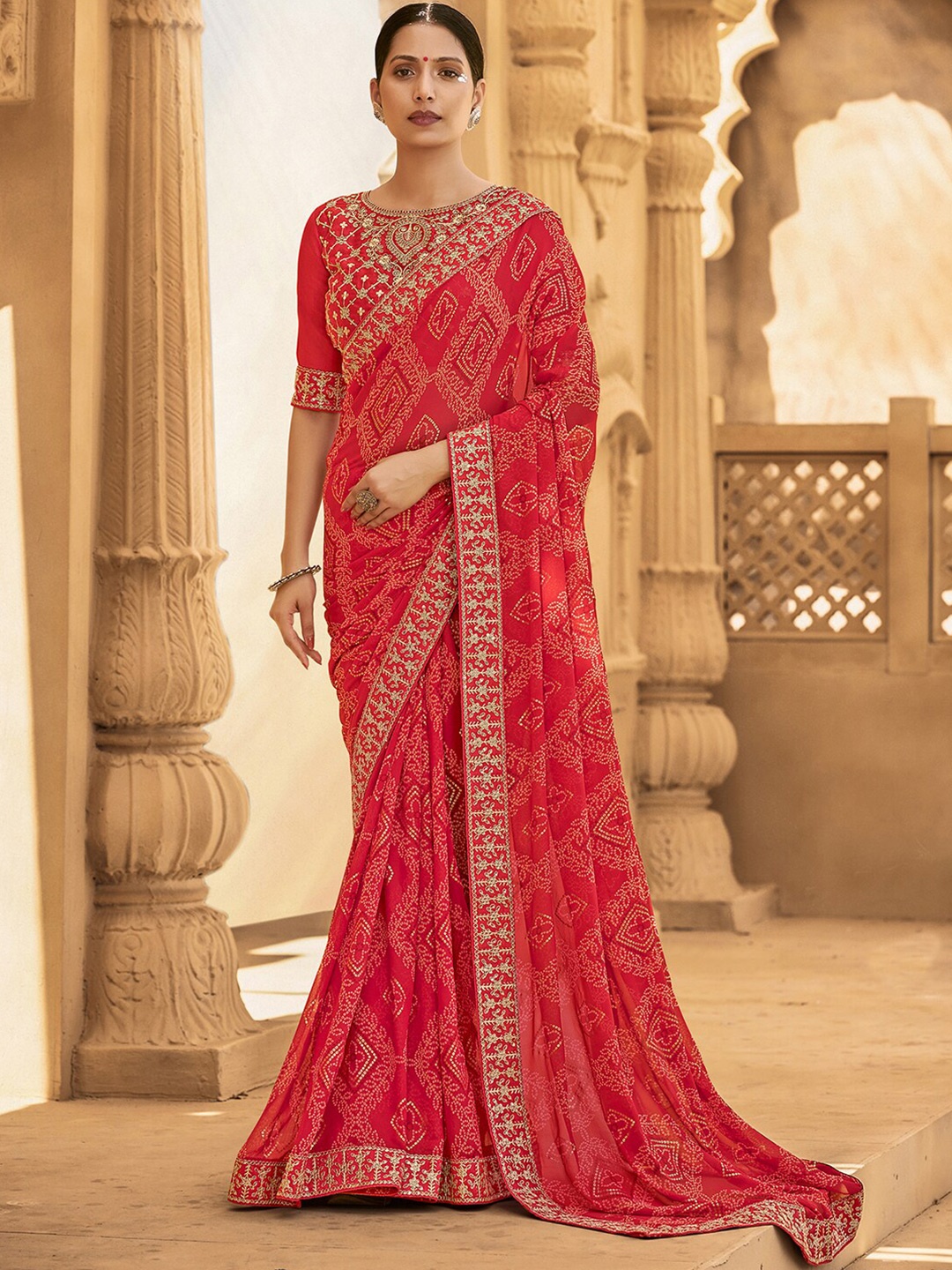 

Mitera Red & White Embroidered Pure Georgette Bandhani Saree