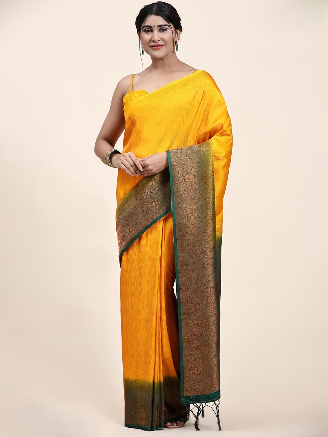 

Mitera Mustard & Green Ethnic Motif Woven Design Zari Saree