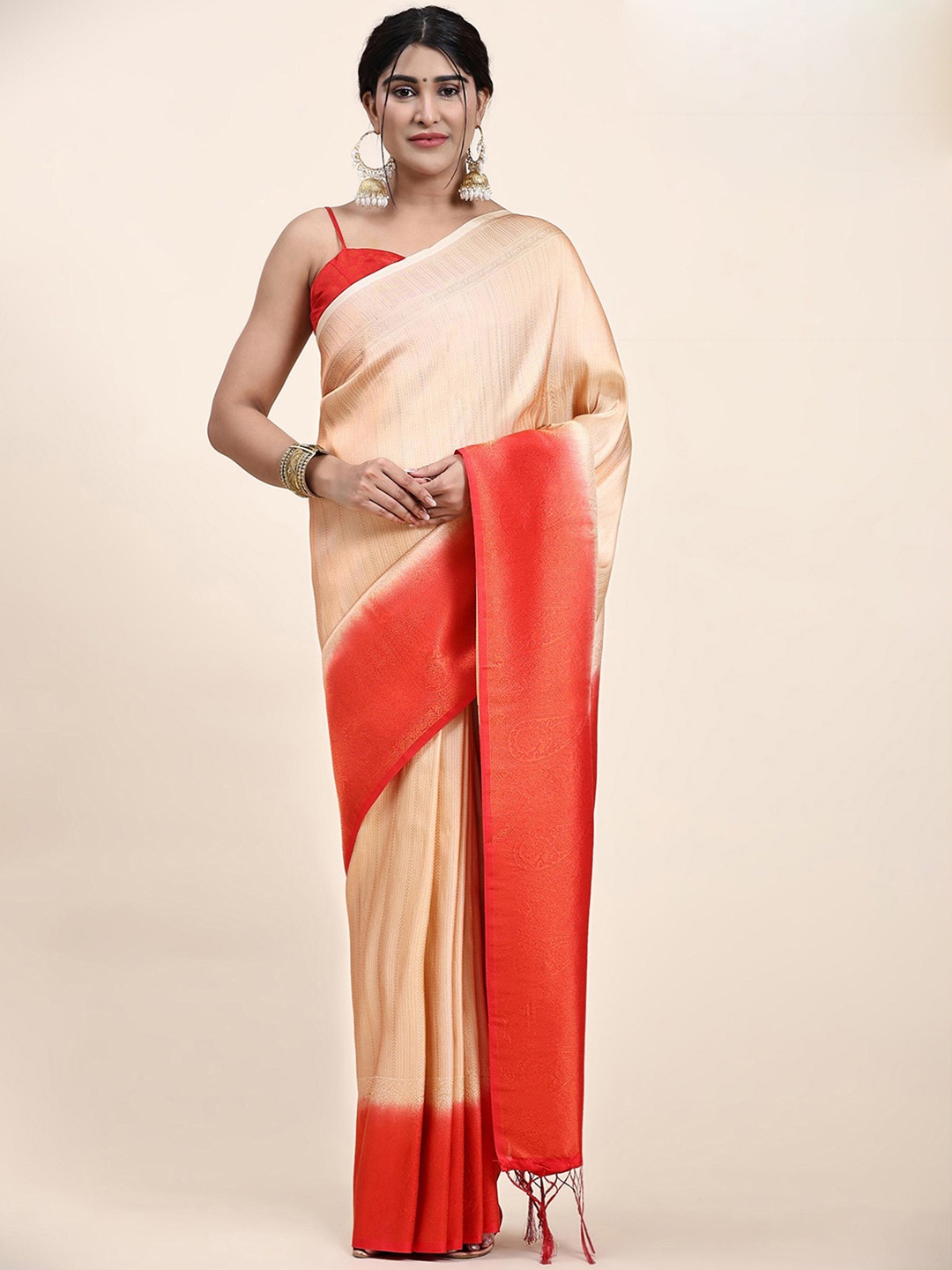 

Mitera Cream-Coloured & Red Ethnic Motifs Woven Design Zari Saree