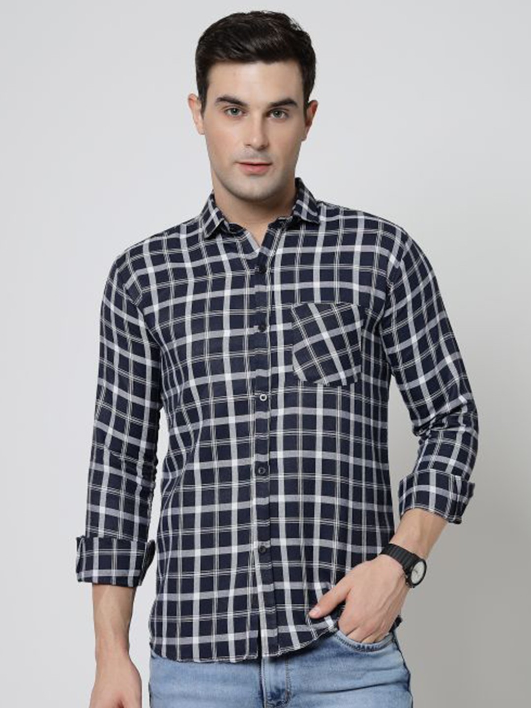 

ADWYN PETER New Tartan Checked Cotton Casual Shirt, Navy blue