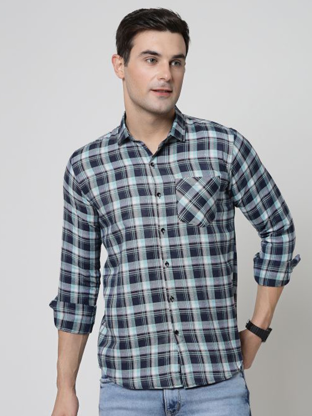 

ADWYN PETER New Tartan Checks Checked Cotton Casual Shirt, Navy blue