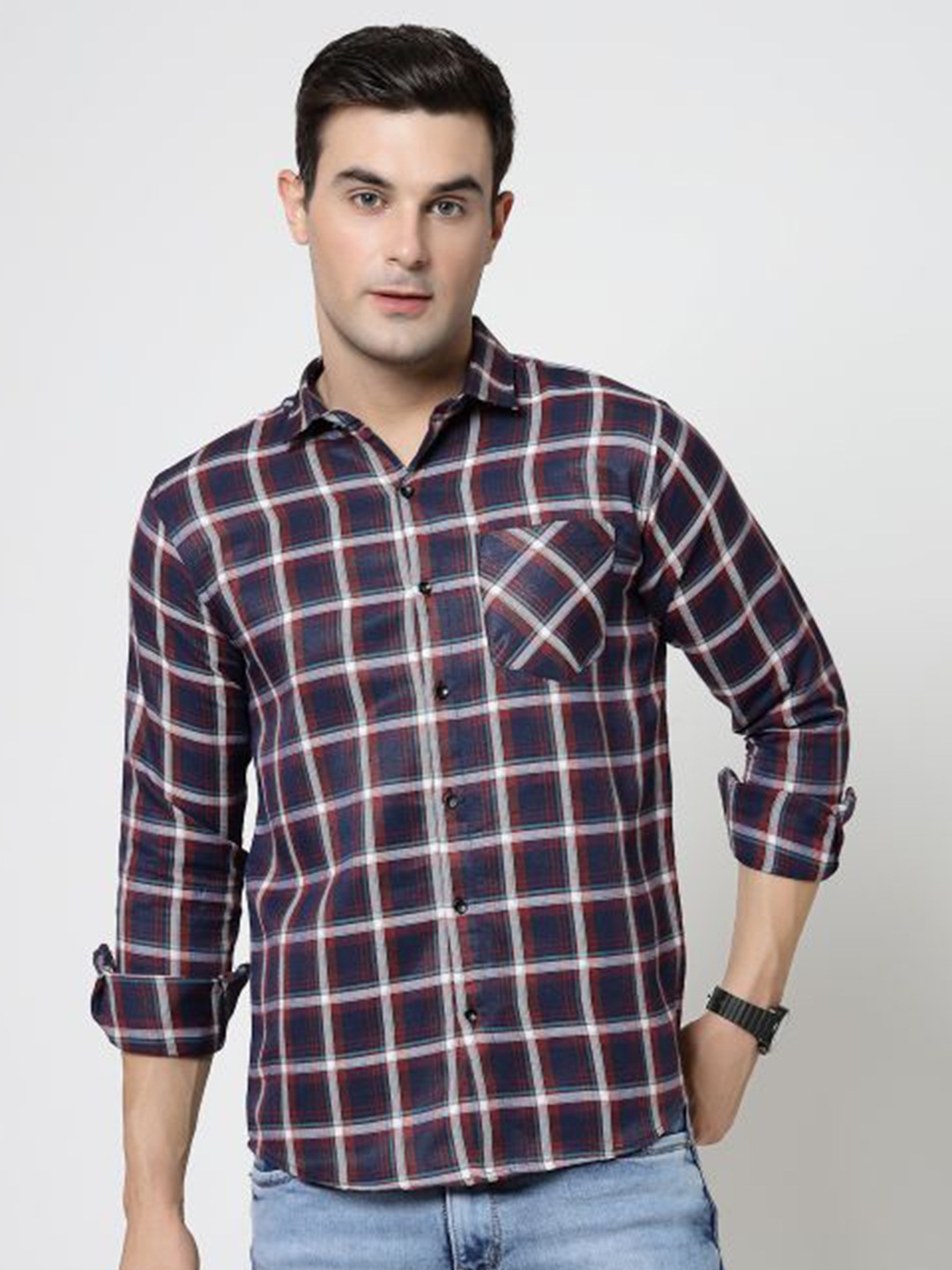

ADWYN PETER Tartan Checks Checked New Cotton Casual Shirt, Navy blue