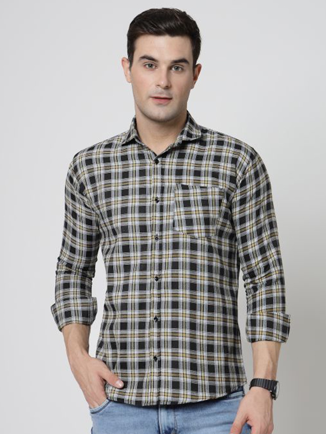 

ADWYN PETER Tartan Checks Checked New Cotton Casual Shirt, Black