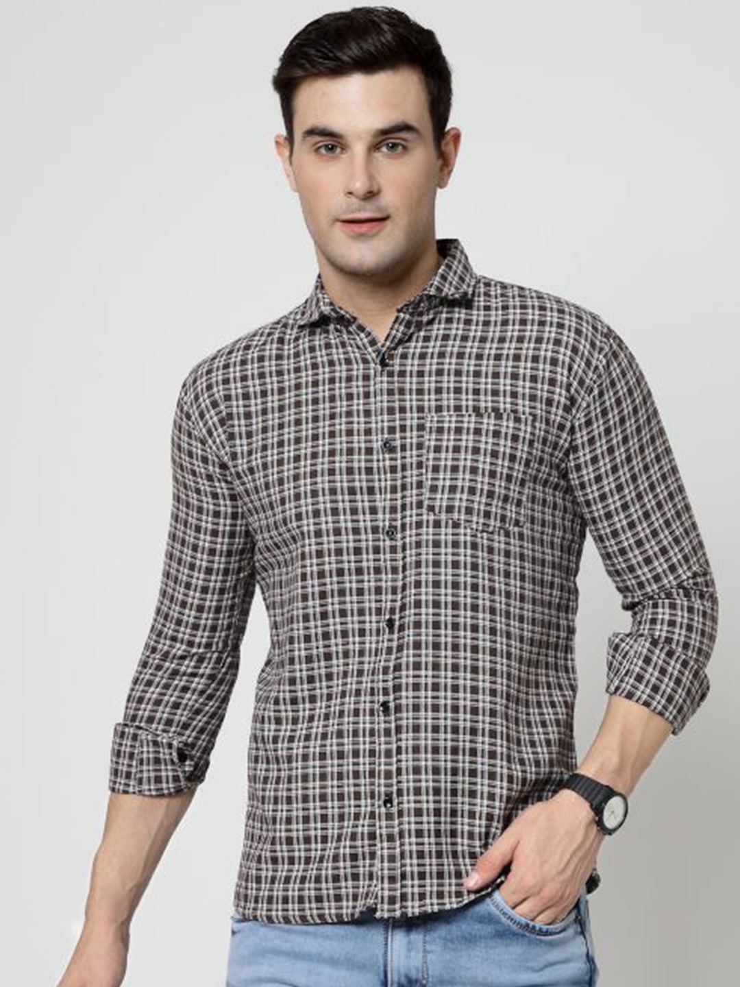 

ADWYN PETER New Tartan Checked Cotton Casual Shirt, Brown