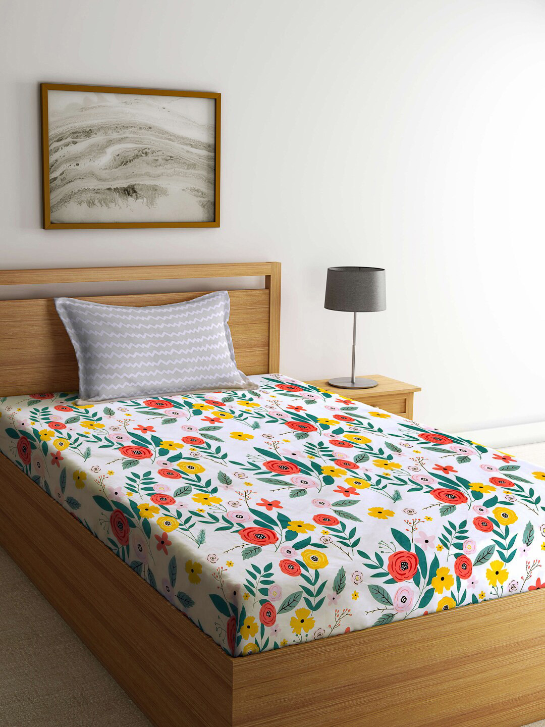 

KLOTTHE White & Pink Floral Printed 300TC Single Fitted Bedsheet With 1 Pillow Cover