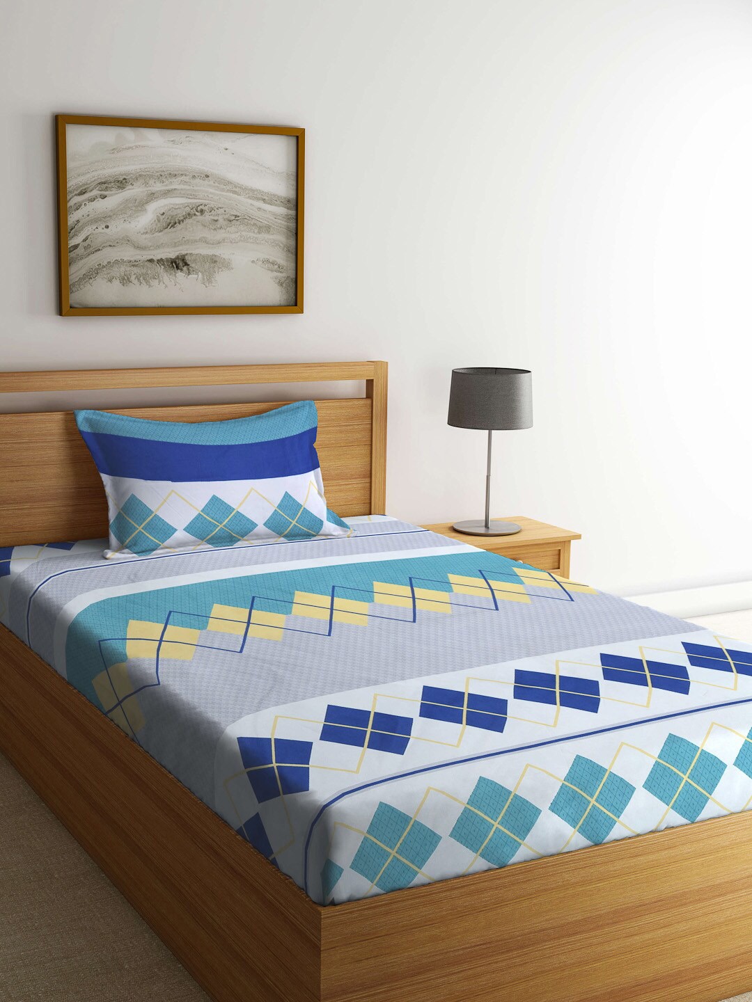 

KLOTTHE Blue & White Printed 300 TC Fitted Single Bedsheet With Pillow Cover