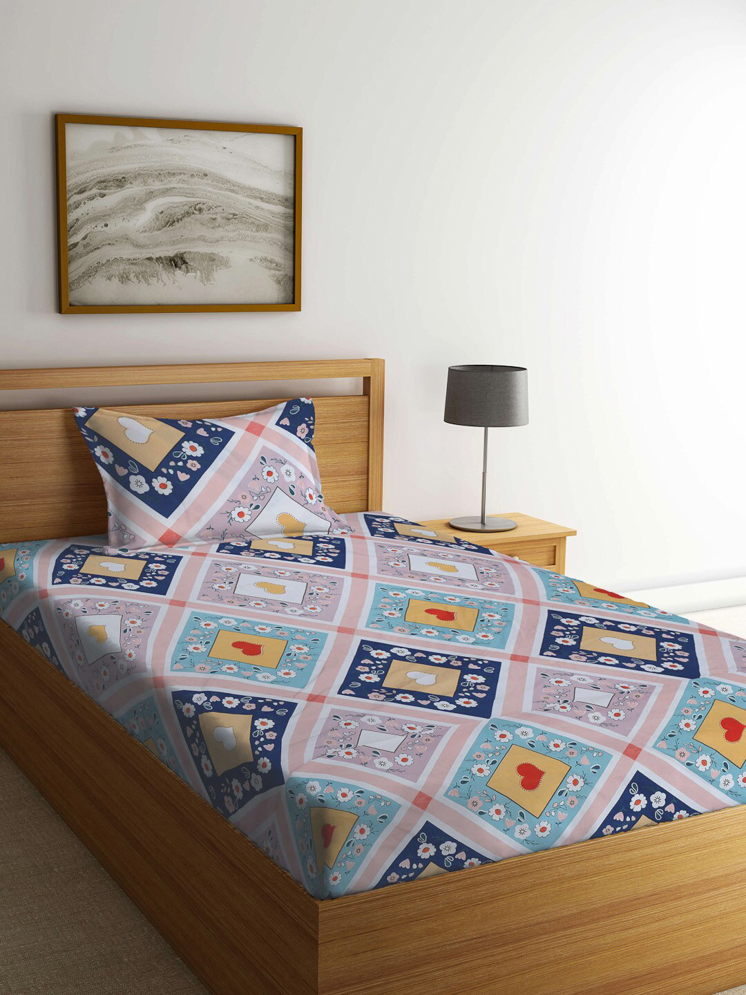 

KLOTTHE Blue & Pink Printed 300 TC Single Bedsheet With 1 Pillow Cover