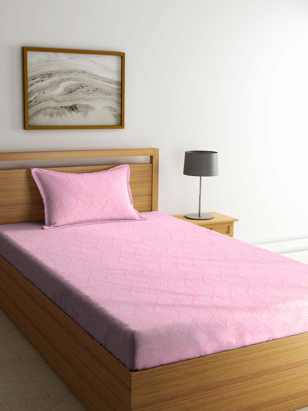 

KLOTTHE Pink Printed 300 TC Fitted Single Bedsheet With 1 Pillow Cover