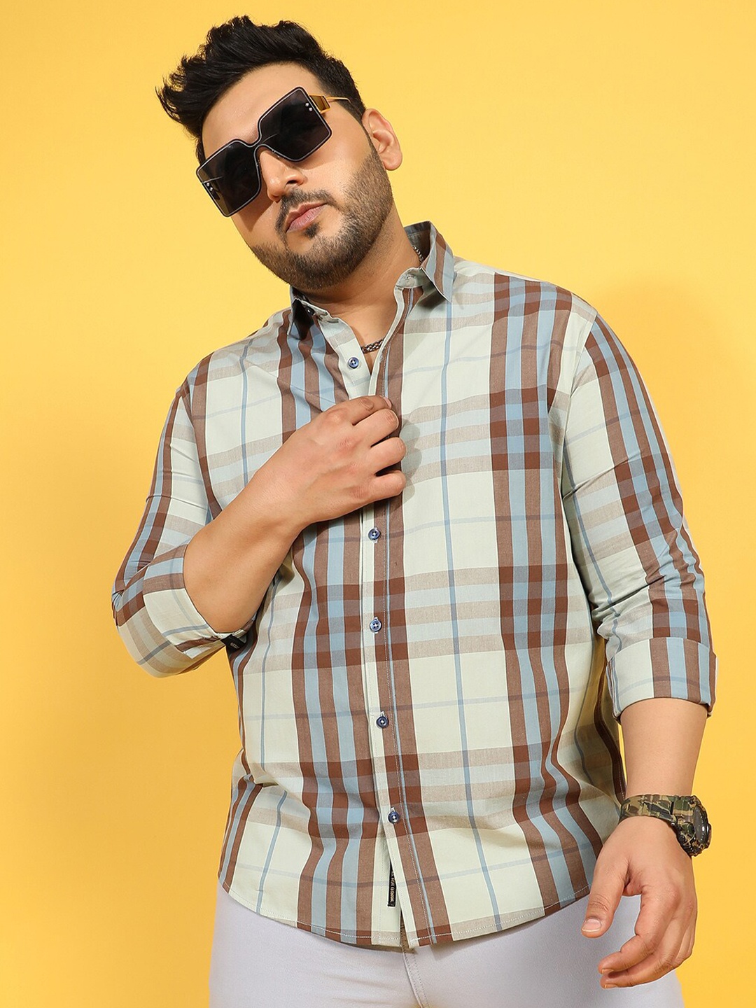 

Instafab Plus Plus Size Classic Tartan Checked Cotton Casual Shirt, Sea green