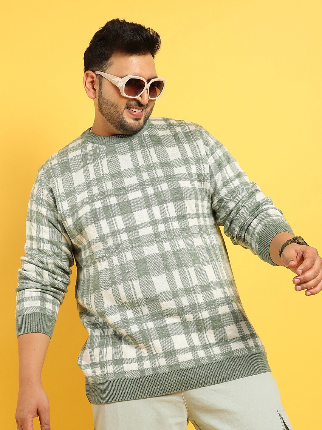 

Instafab Plus Tartan Checks Checked Woollen Plaid Knitted Pullover Sweater, Olive