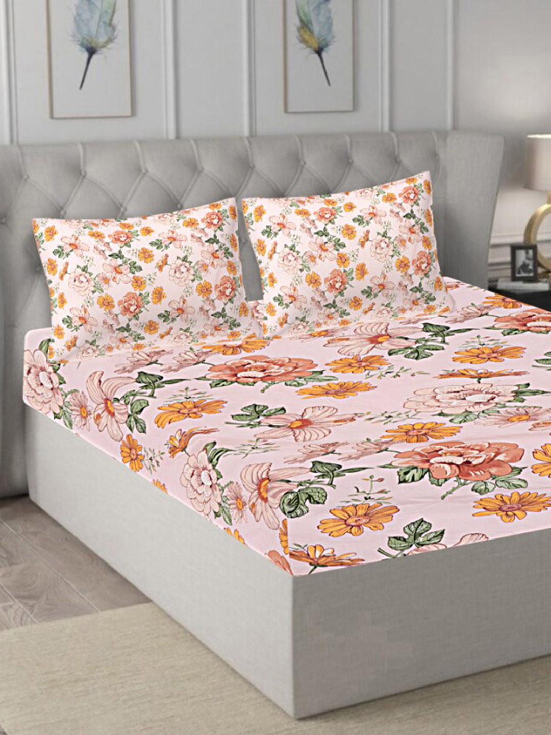 

INDHOME LIFE Beige & Brown Floral Cotton Fitted 210 TC Queen Bedsheet With 2 Pillow Covers