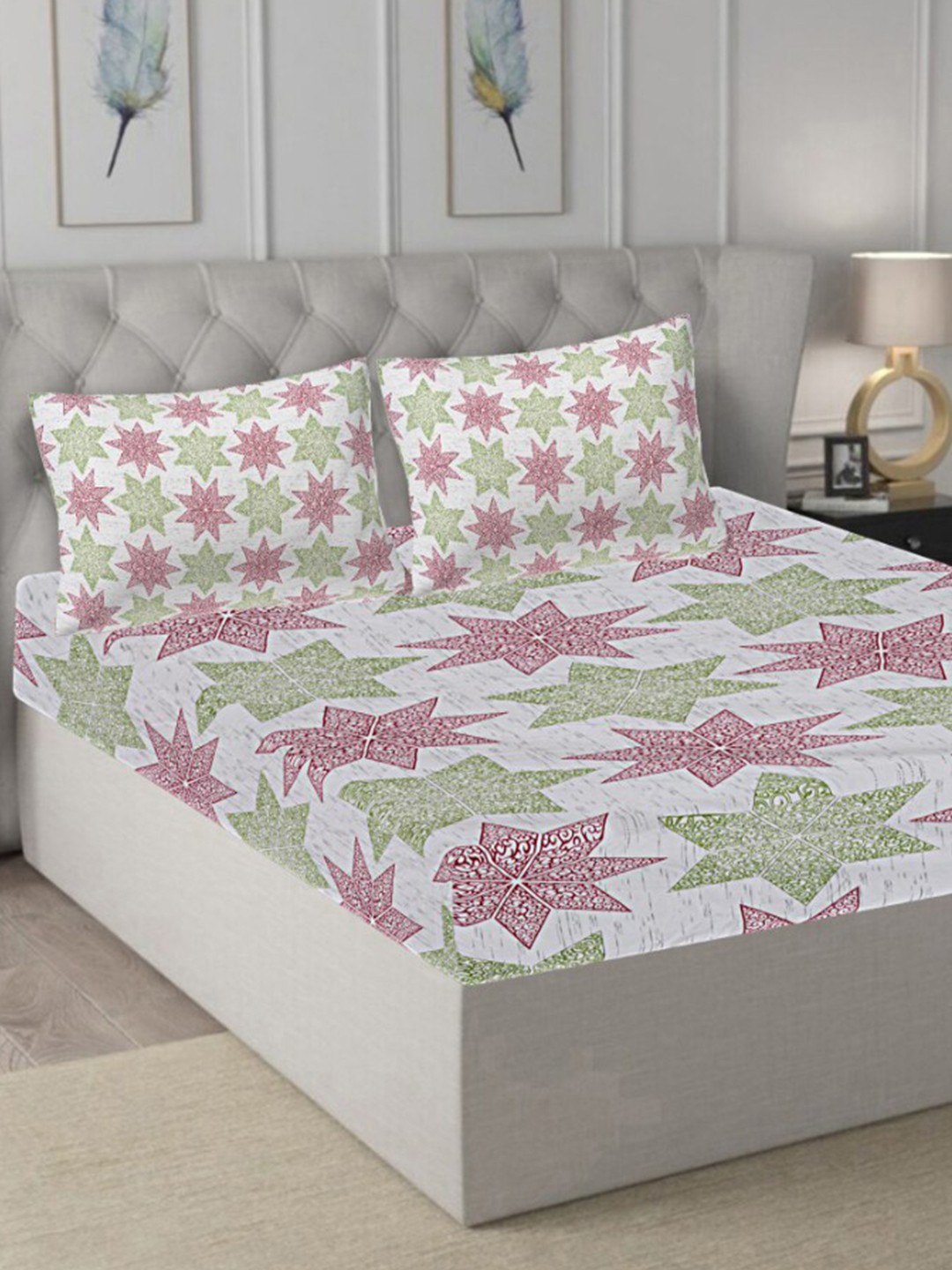 

INDHOME LIFE Grey & Pink Floral Pure Cotton 210 TC Queen Bedsheet With 2 Pillow Covers