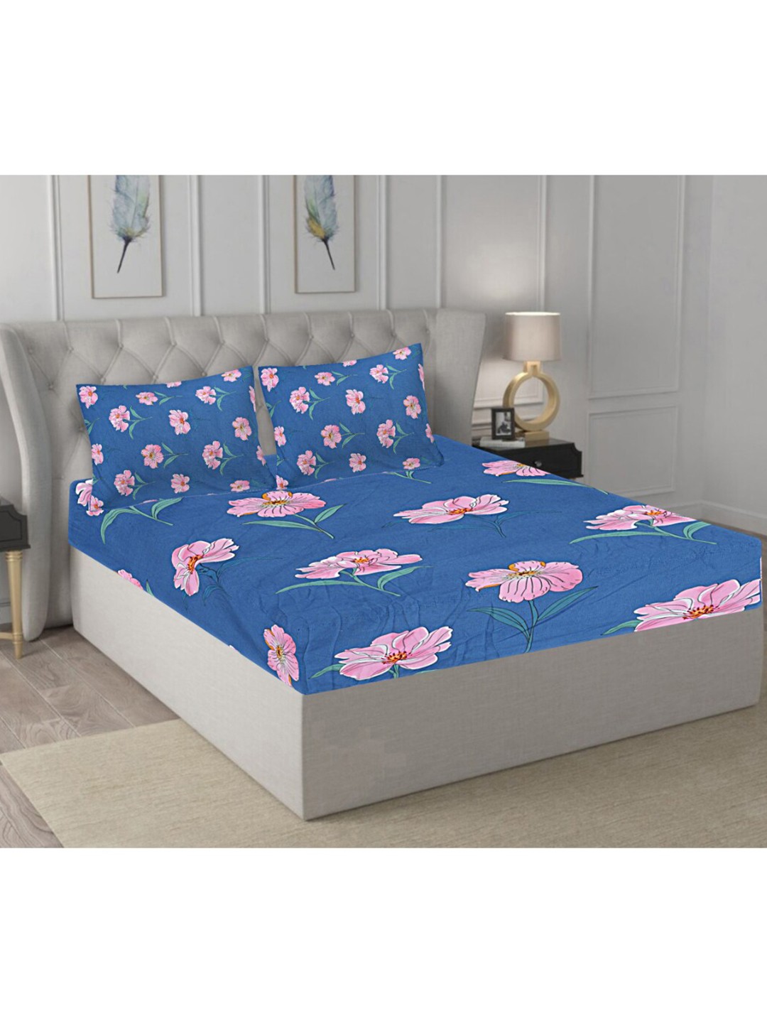 

INDHOME LIFE Blue & Pink Printed 210 TC Fitted Queen Bedsheet with 2 Pillow Covers