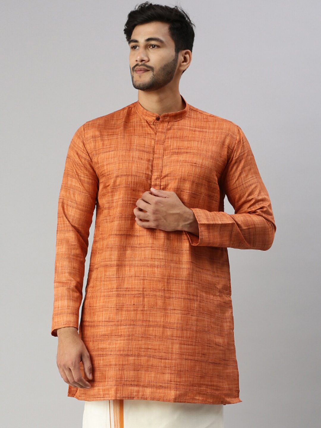 

Ramraj Woven Design Mandarin Collar Cotton Straight Kurta, Brown