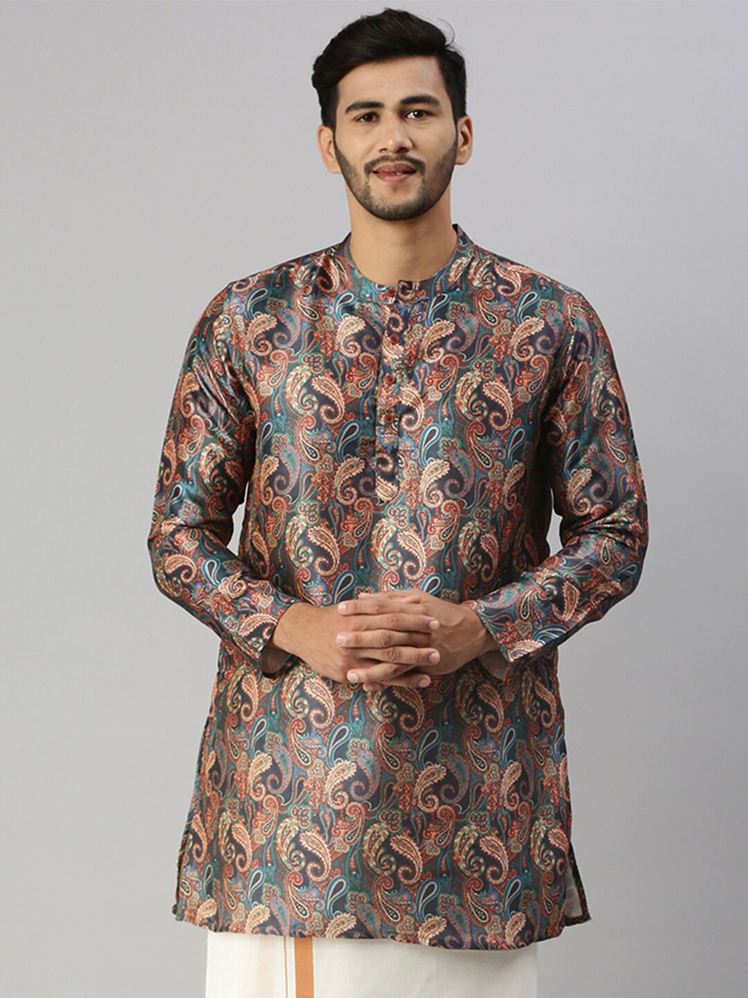 

Ramraj Paisley Printed Band Collar Kurta, Grey