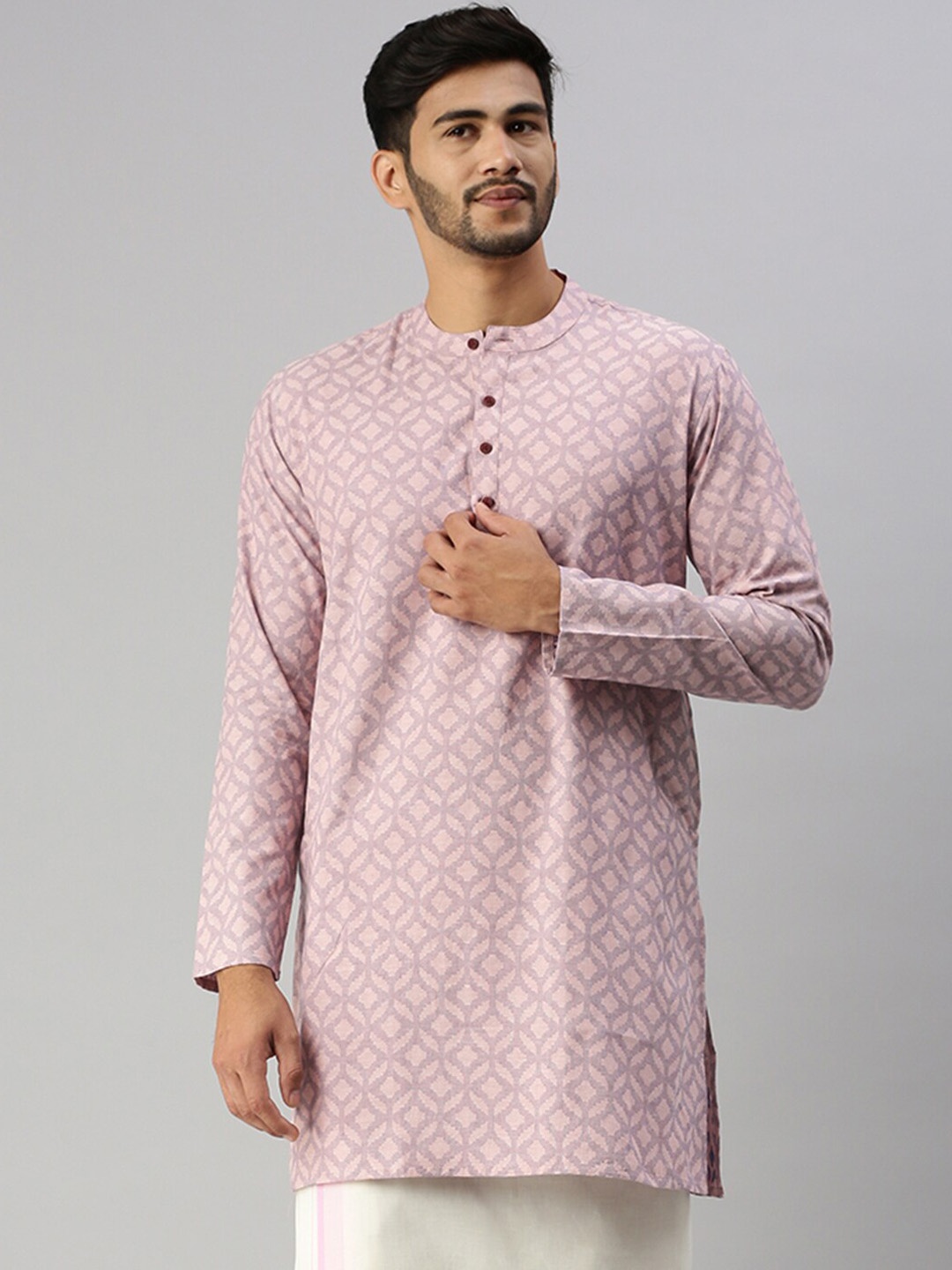 

Ramraj Geometric Woven Design Mandarin Collar Cotton Straight Kurta, Pink