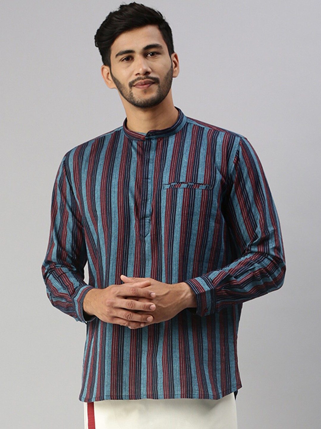 

Ramraj Striped Mandarin Collar Cotton Straight Kurta, Blue