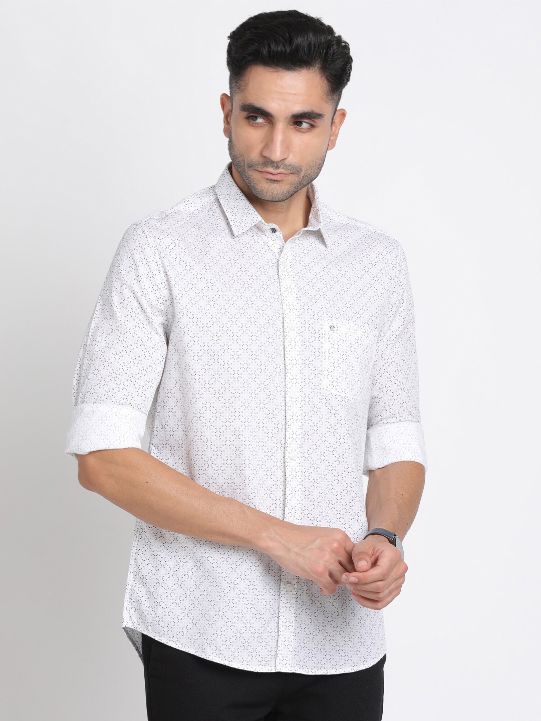 

Turtle Relaxed Micro Ditsy Printed Slim Fit Cotton Casual Shirt, White