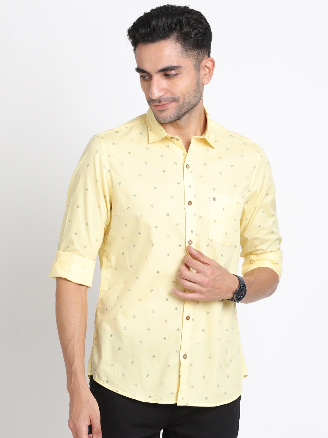 

Turtle Relaxed Slim Fit Micro Ditsy Printed Pure Cotton Casual Shirt, Yellow