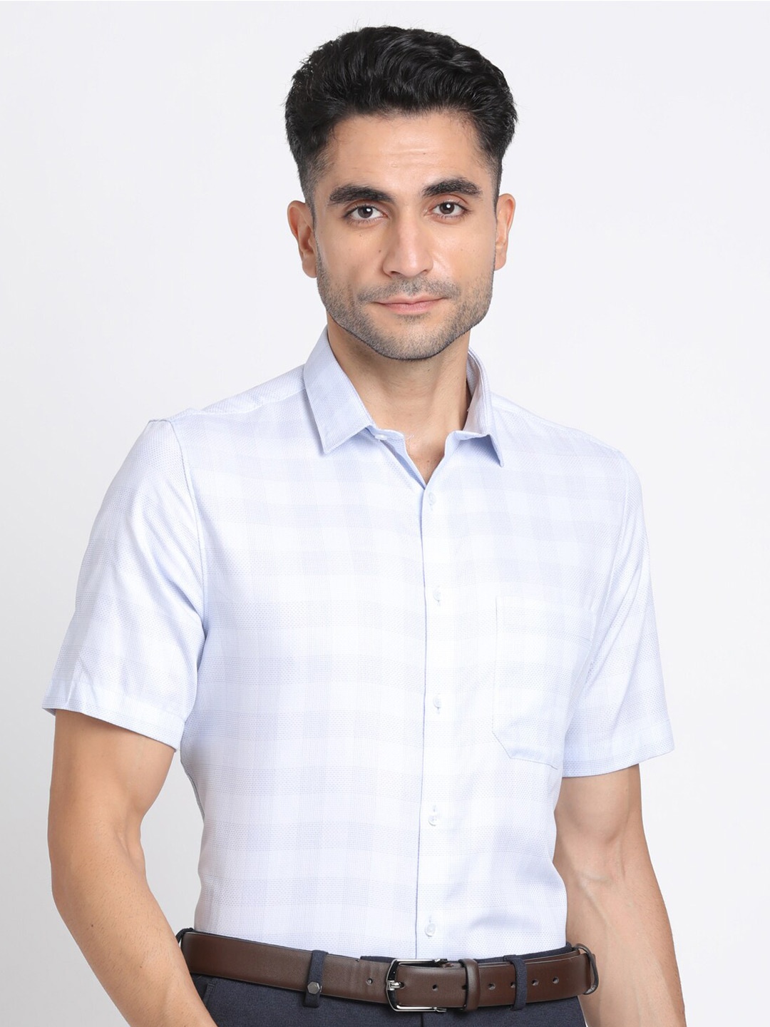 

Turtle Checked Modern Regular Fit Pure Cotton Formal Shirt, Blue