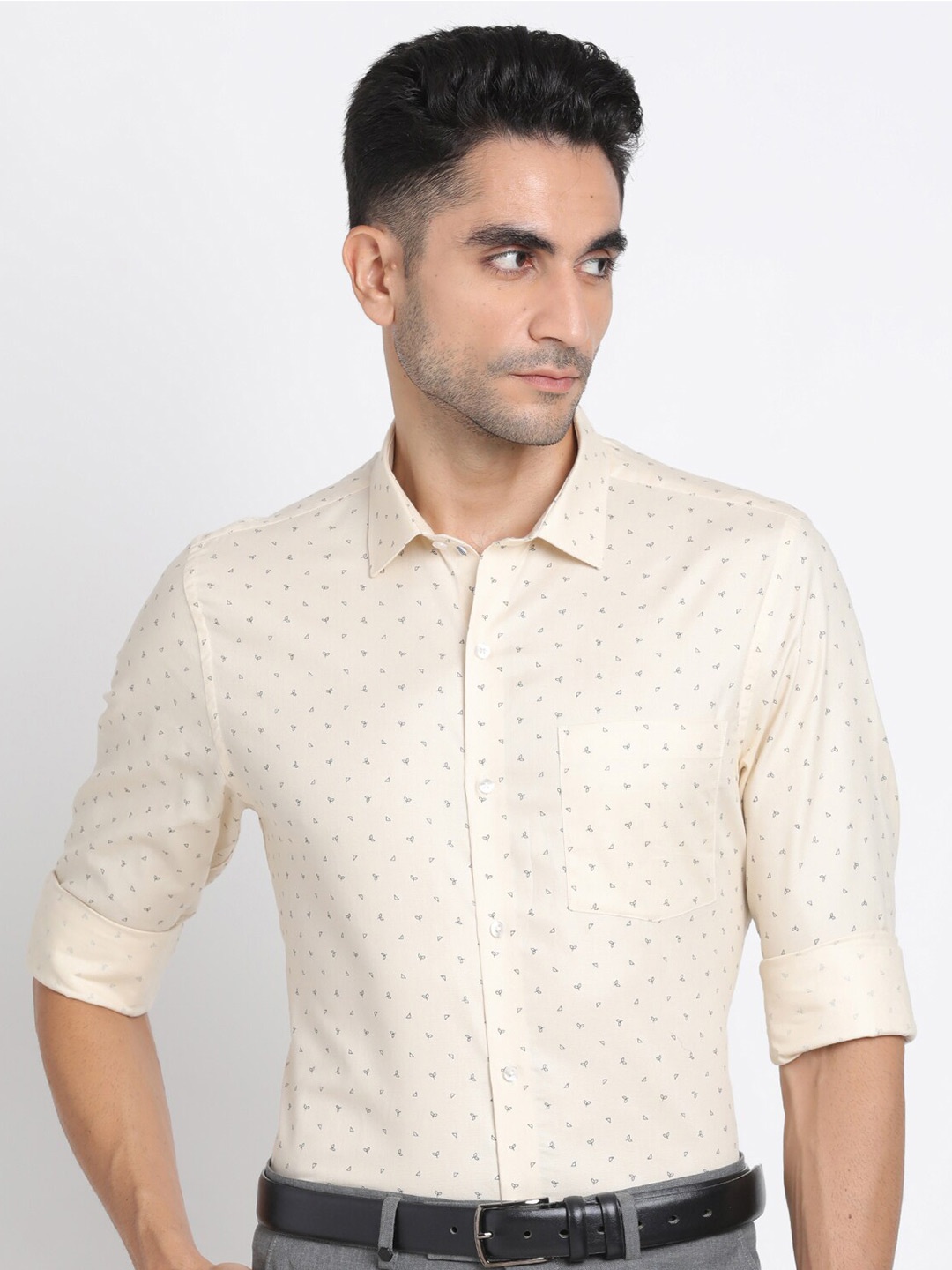 

Turtle Modern Slim Fit Micro Disty Printed Pure Cotton Formal Shirt, Beige