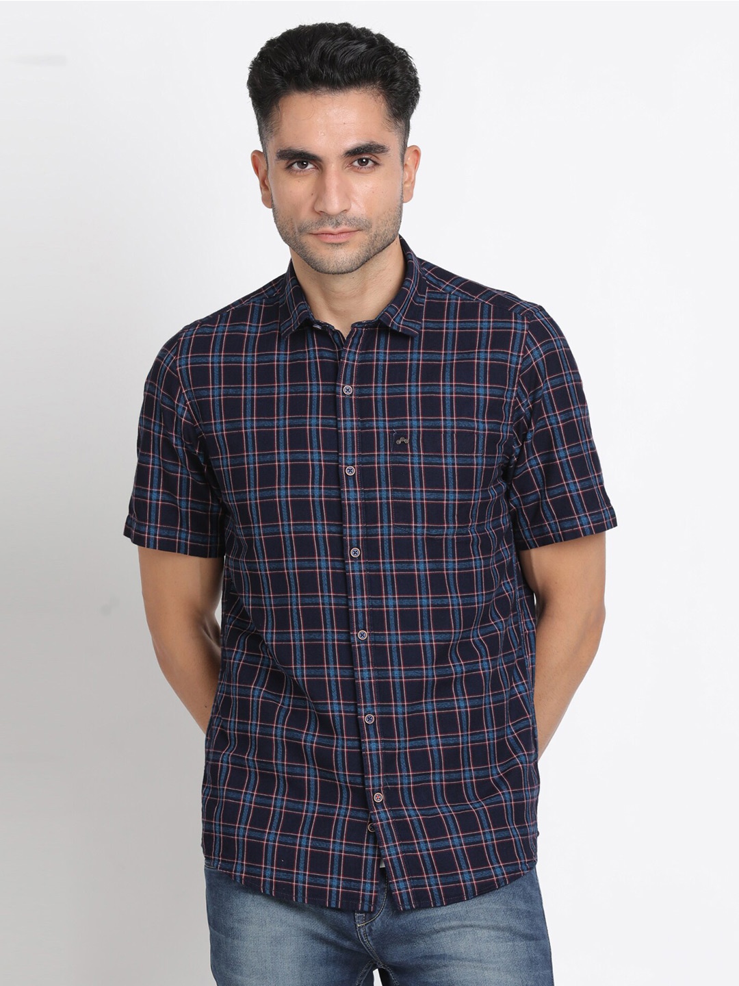 

Turtle Relaxed Checked Slim Fit Spread Collar Cotton Casual Shirt, Navy blue