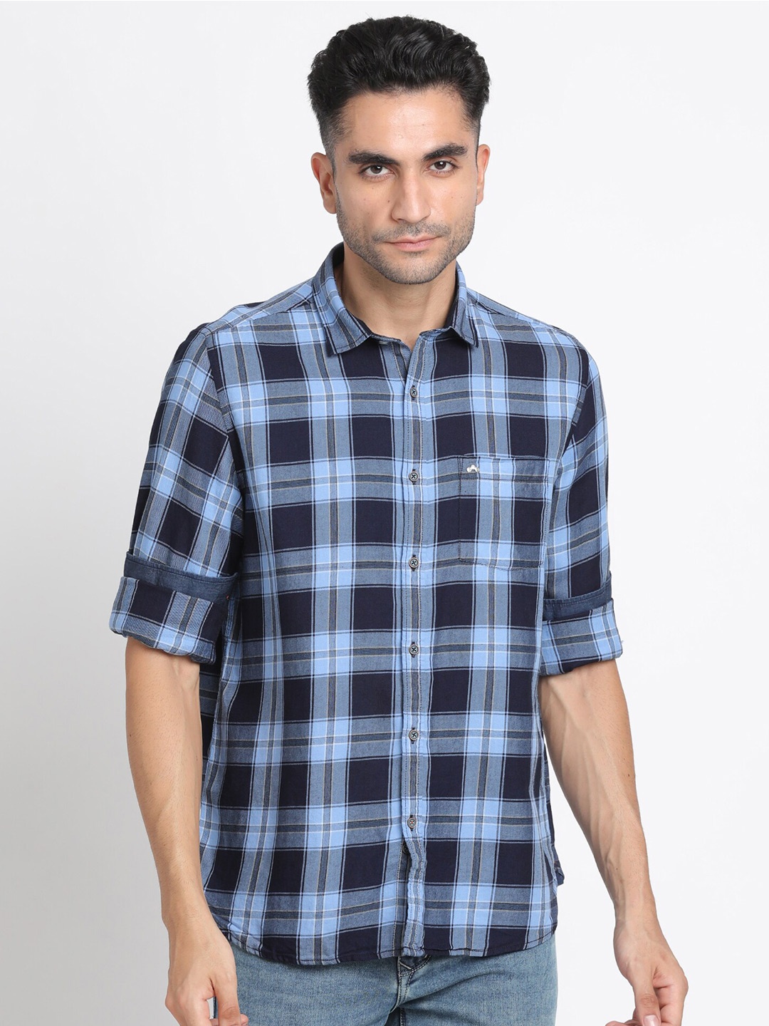 

Turtle Relaxed Slim Fit Checked Pure Cotton Casual Shirt, Navy blue