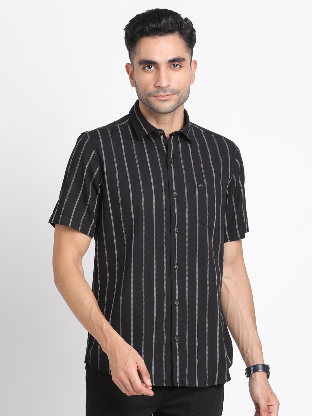 

Turtle Relaxed Slim Fit Striped Pure Cotton Casual Shirt, Black