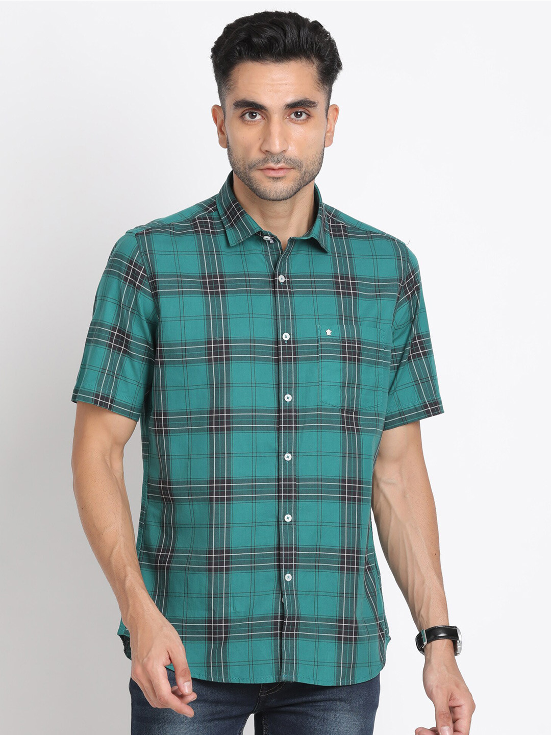 

Turtle Relaxed Checked Slim Fit Cotton Casual Shirt, Green
