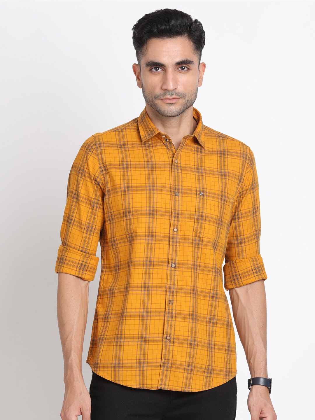 

Turtle Relaxed Slim Fit Tartan Checked Pure Cotton Casual Shirt, Mustard