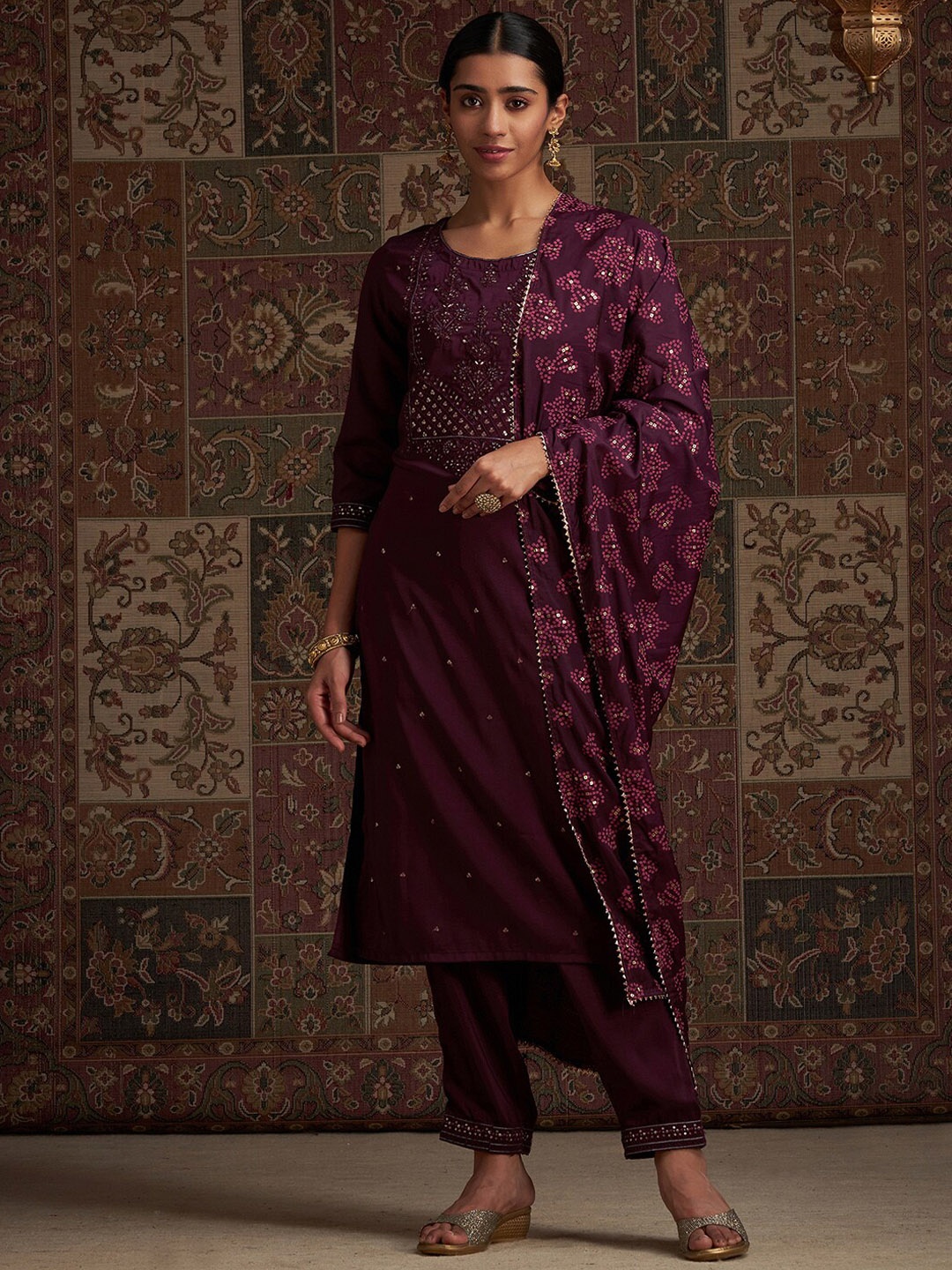 

Indo Era Ethnic Motifs Embroidered Sequinned Kurta with Trousers & Dupatta, Burgundy