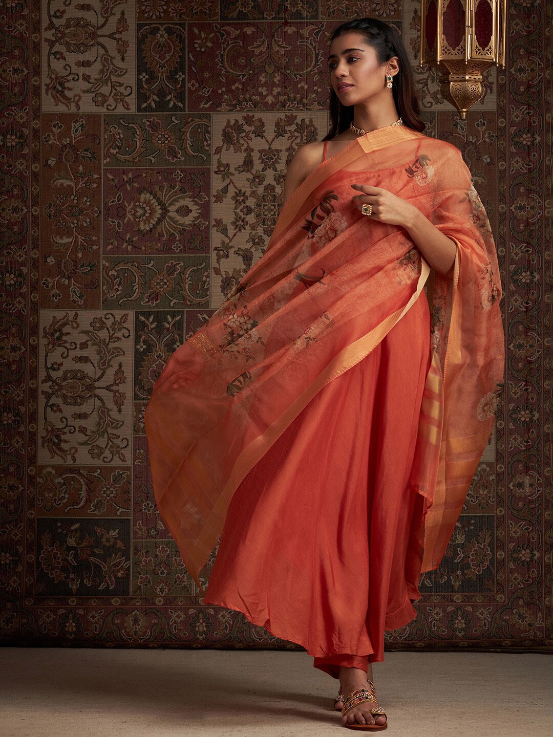 

Indo Era Orange Shoulder Straps Anarkali Kurta With Trousers & Dupatta