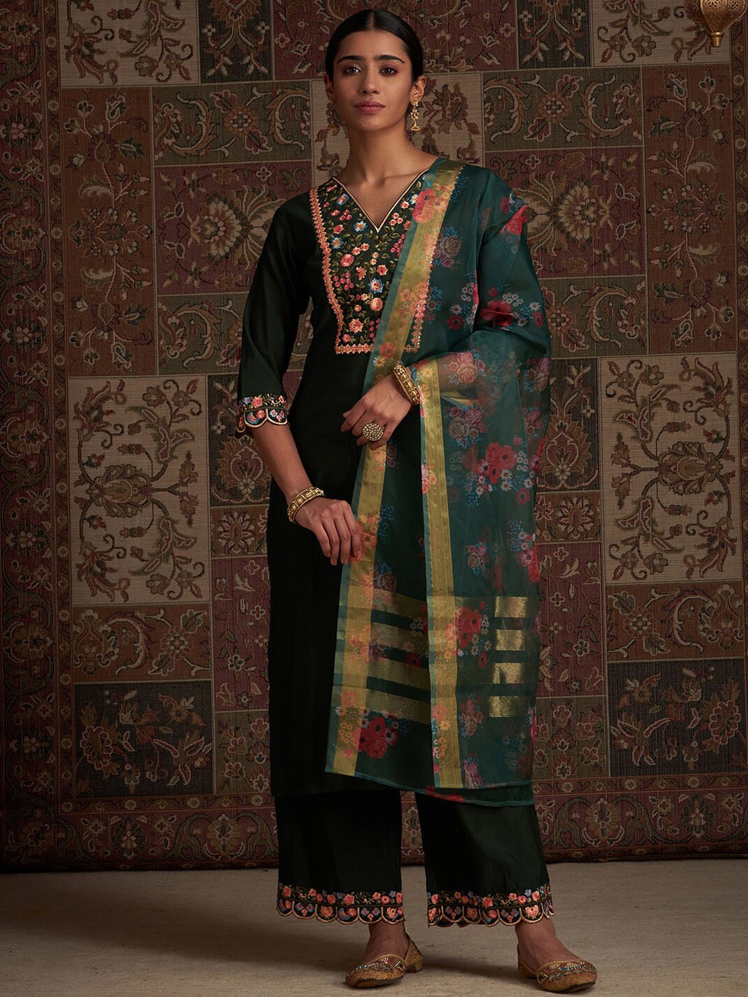 

Indo Era Green Floral Yoke Design Thread Work Liva Kurta with Palazzos And Dupatta