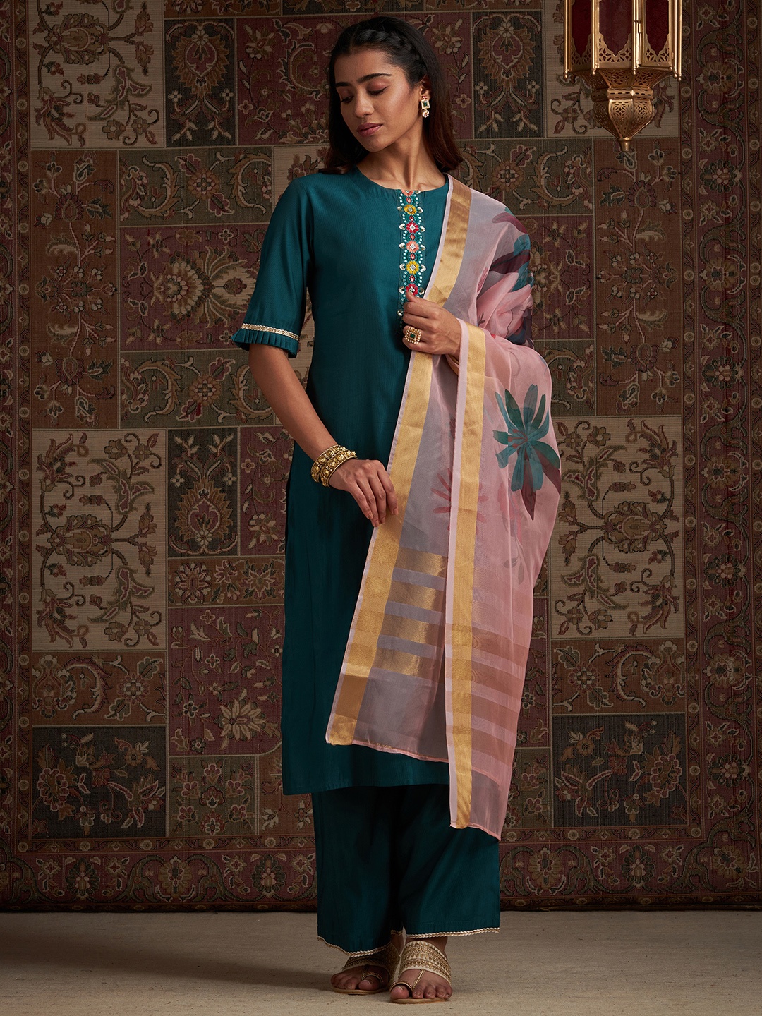 

Indo Era Teal Thread Work Detailed Straight Liva Kurta & Palazzos with Dupatta