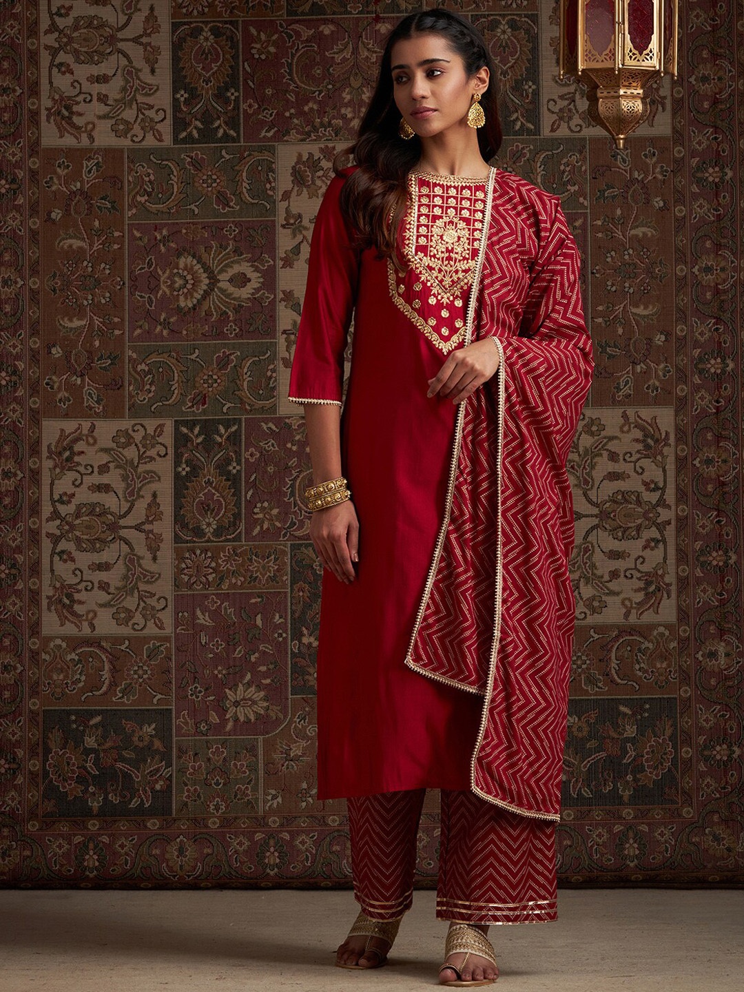 

Indo Era Red Floral Embroidered Gotta Patti Straight kurta With Palazzos And Dupatta