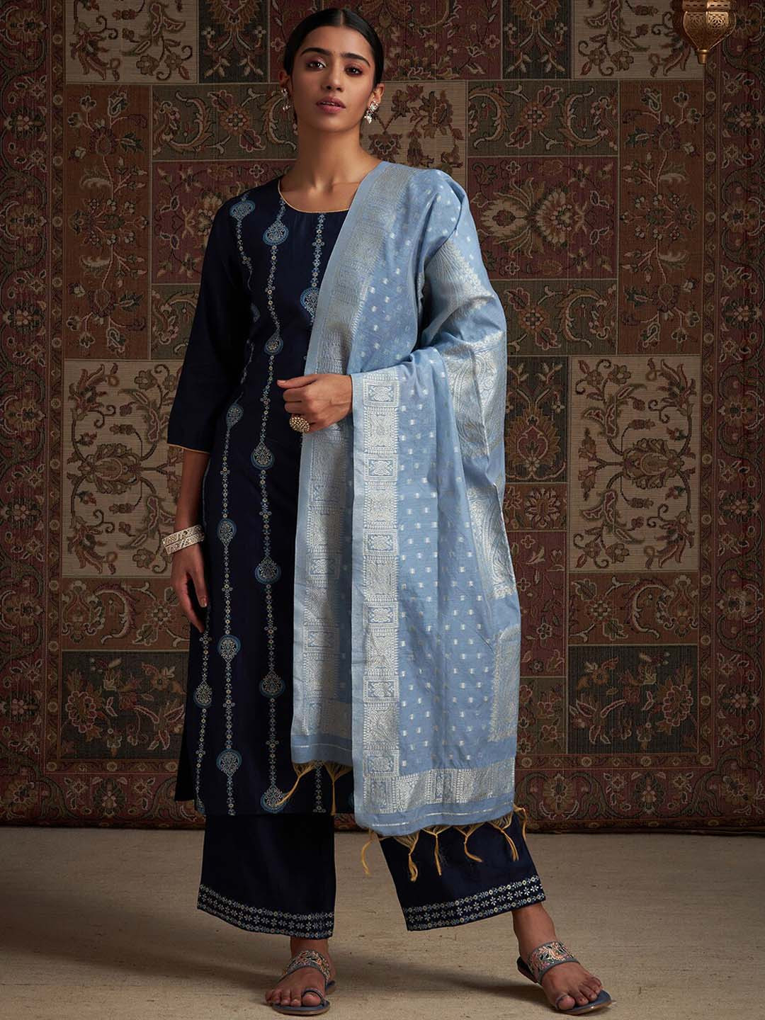 

Indo Era Navy Blue Ethnic Motifs Printed Straight Liva Kurta with Palazzos And Dupatta