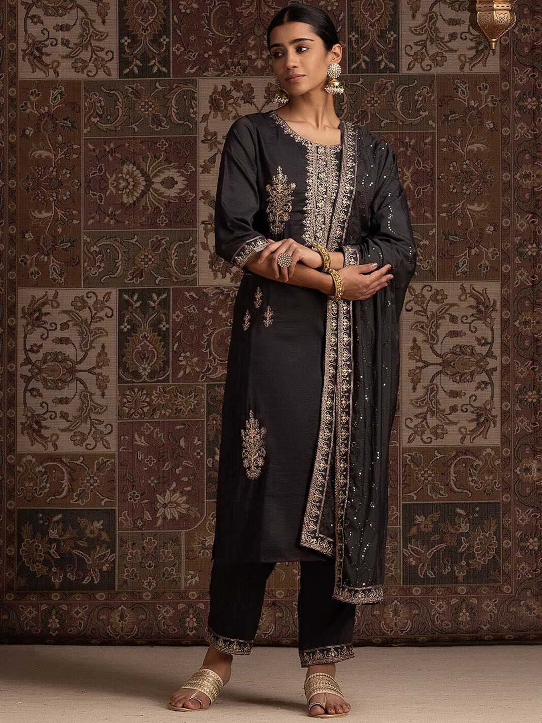 

Indo Era Grey Floral Embroidered Sequin Straight Kurta with Trousers And Dupatta