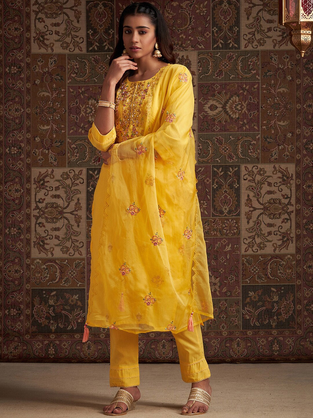 

Indo Era Yellow Floral Embroidered Regular Mirror Work Kurta With Trousers & Dupatta