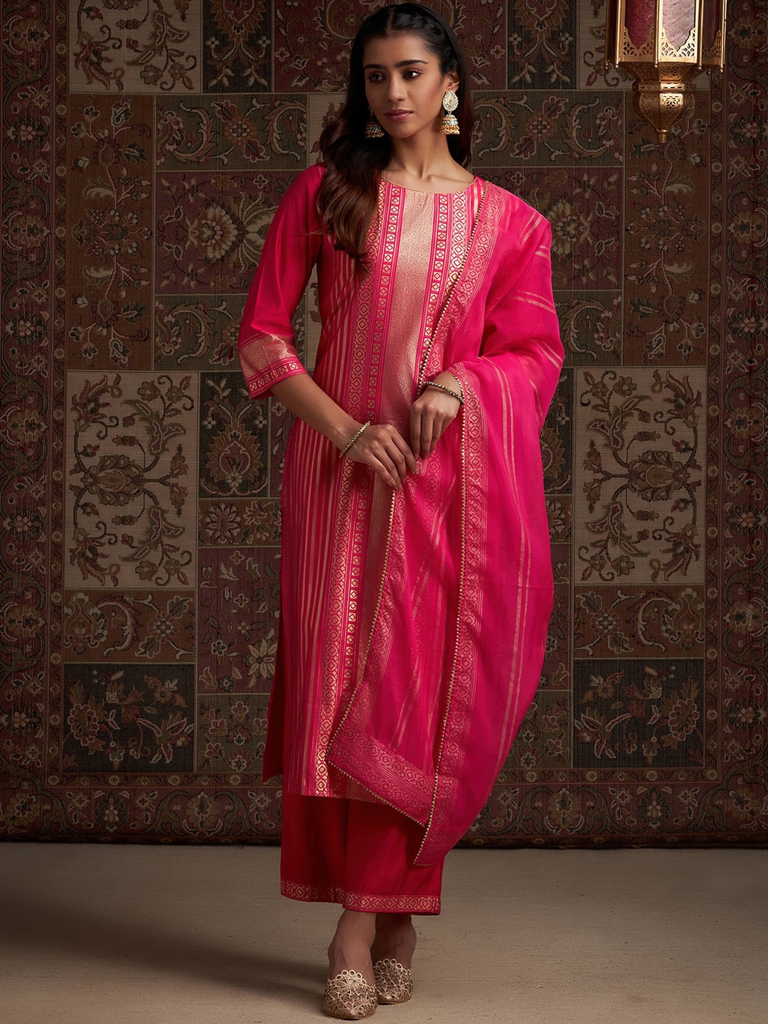 

Indo Era Pink Geometric Printed Round Neck Straight Liva Kurta with Palazzos & Dupatta