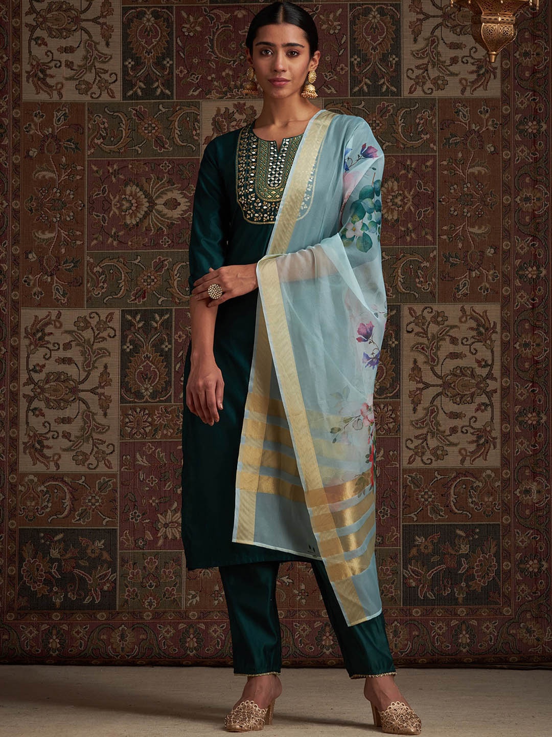 

Indo Era Yoke Design Sequinned Kurta & Trousers With Dupatta, Teal