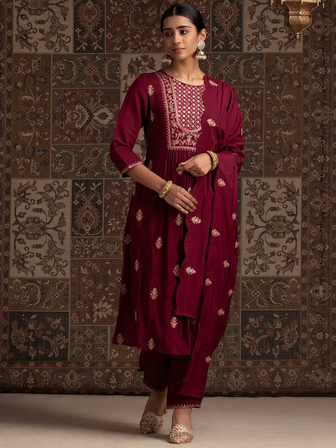 

Indo Era Floral Embroidered Sequinned Kurta & Trousers With Dupatta, Burgundy