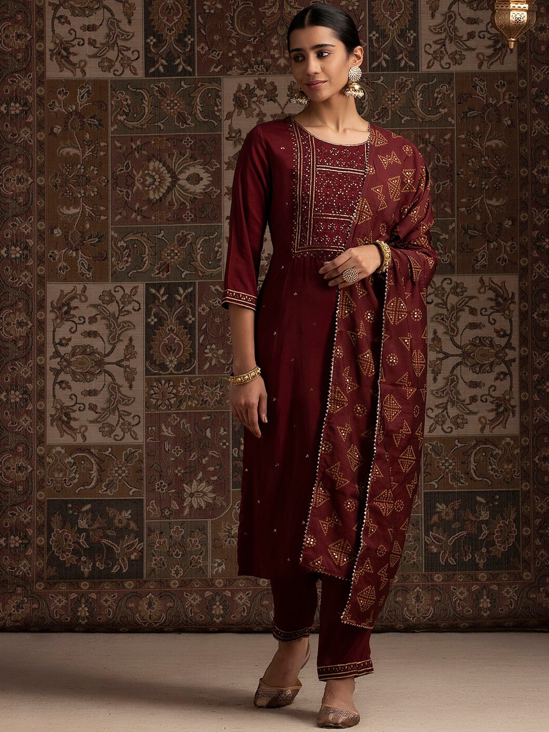 

Indo Era Maroon Floral Yoke Design Sequined Straight Kurta with Trousers And Dupatta