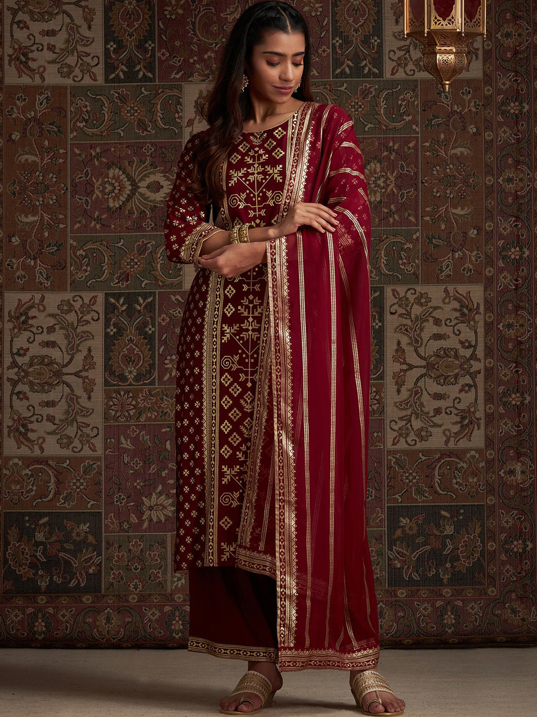 

Indo Era Maroon Geometric Printed Straight Liva Kurta with Trousers & With Dupatta