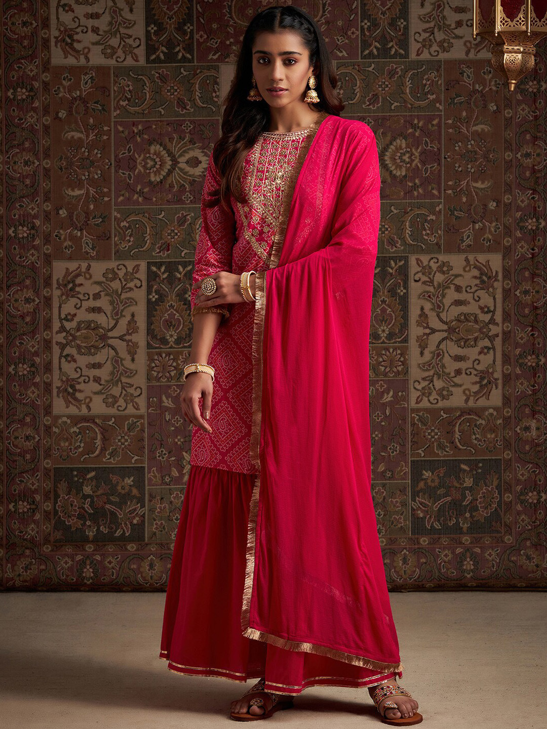 

Indo Era Pink Floral Yoke Design Sequined Pure Cotton Kurta with Sharara & Dupatta
