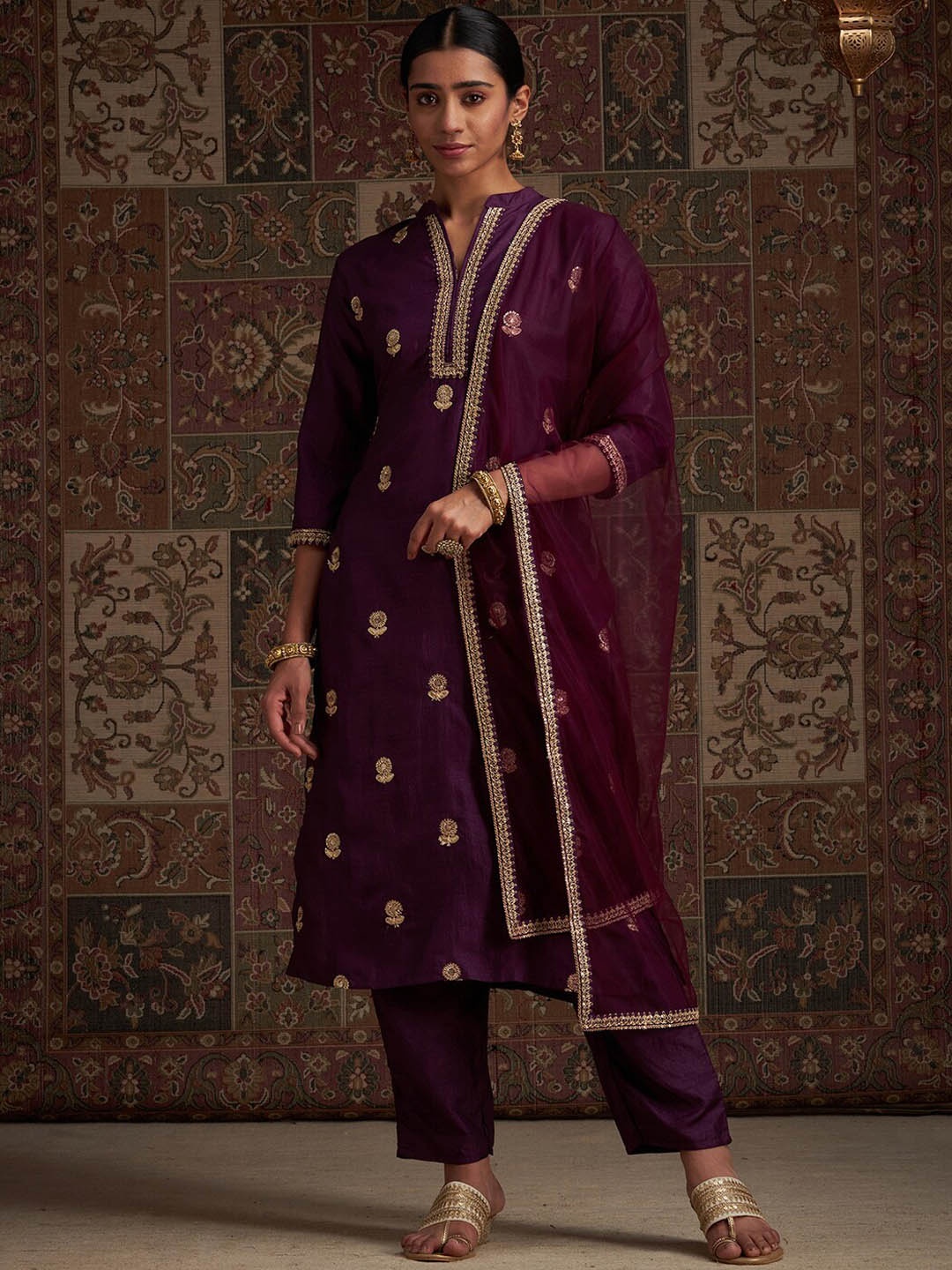 

Indo Era Purple Ethnic Motifs Embroidered Mandarin Collar Sequinned Liva Kurta Set
