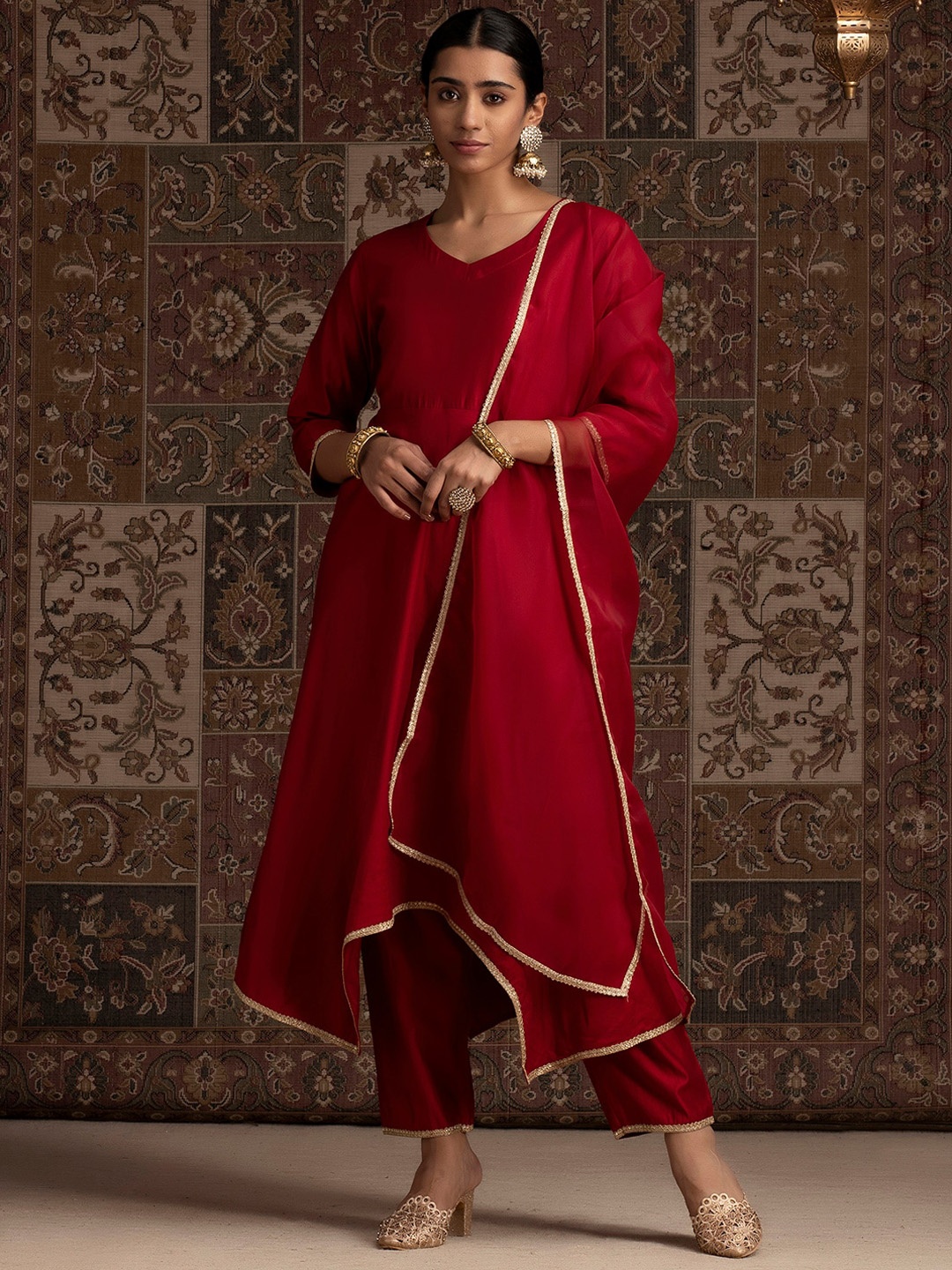 

Indo Era Red V-Neck Dropped A-Line Liva Kurta with Trousers And Dupatta