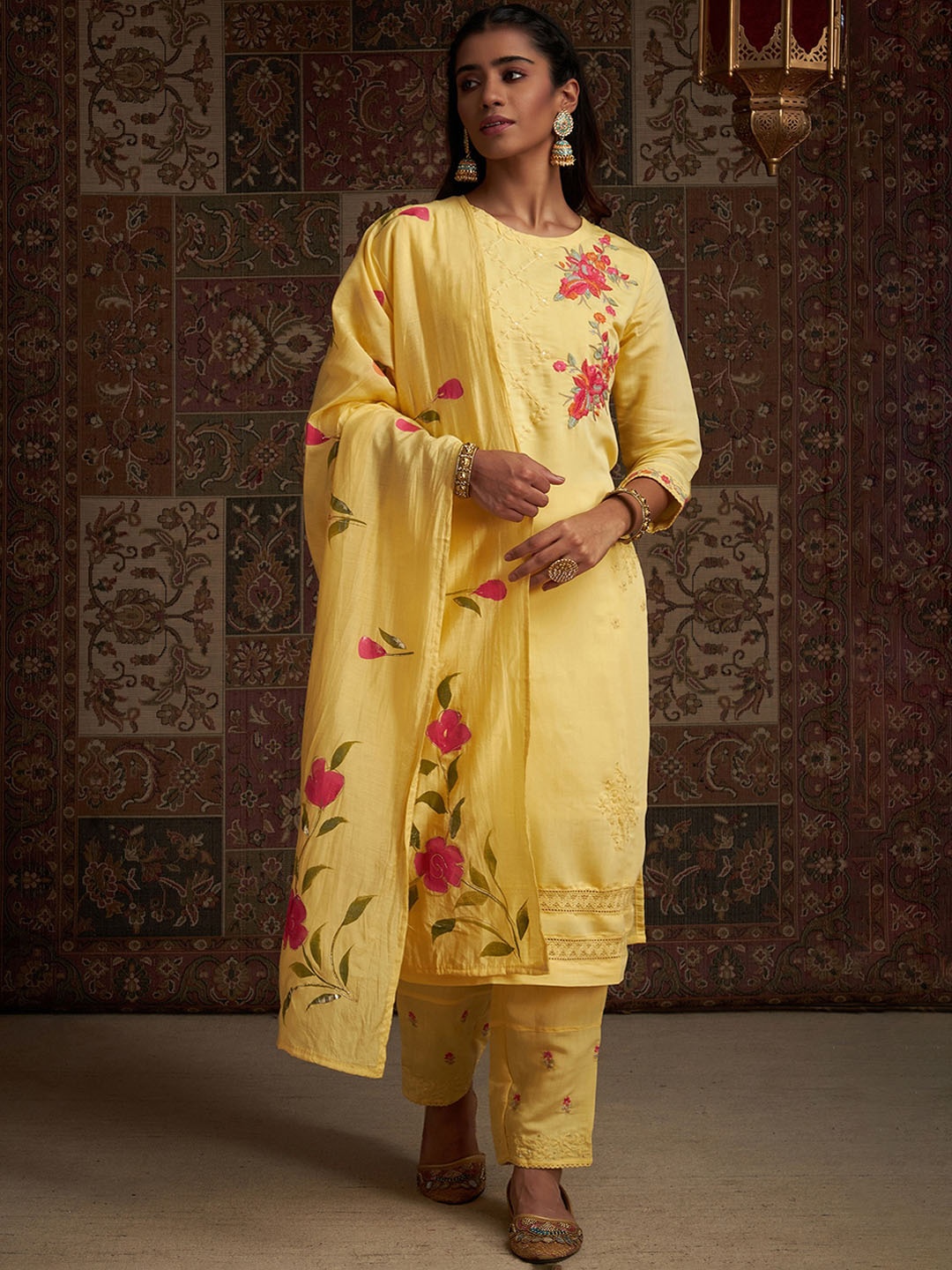 

Indo Era Yellow Floral Embroidered Thread Work Kurta With Trousers & Dupatta