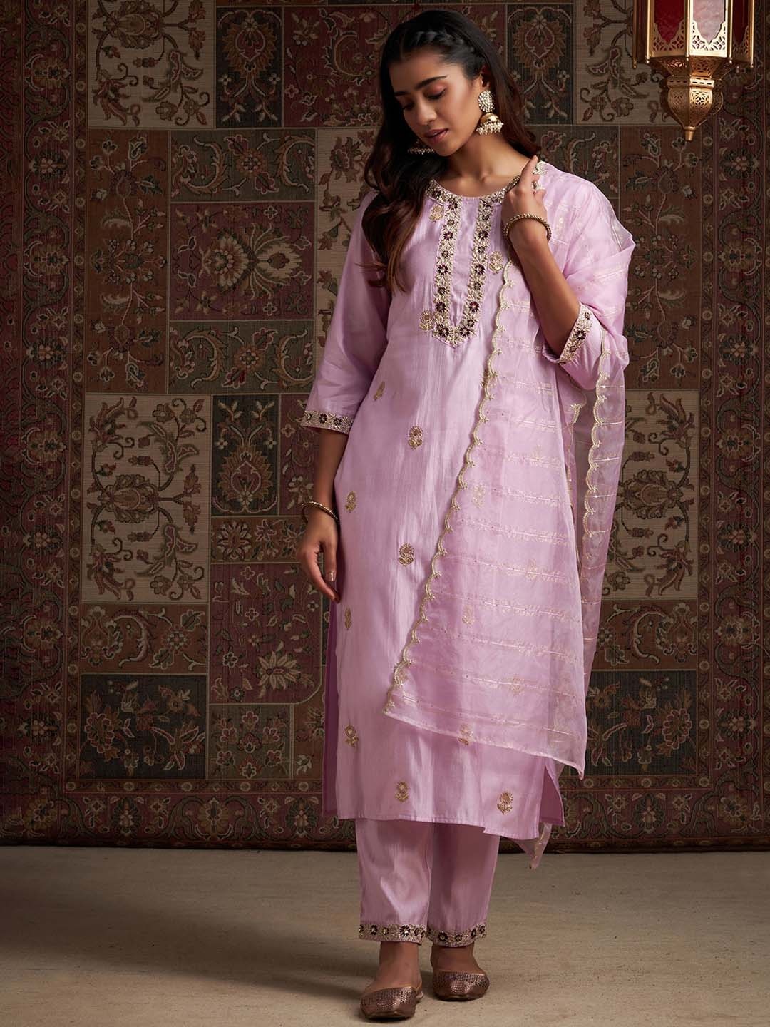 

Indo Era Floral Embroidered Sequinned Kurta & Trousers With Dupatta, Lavender