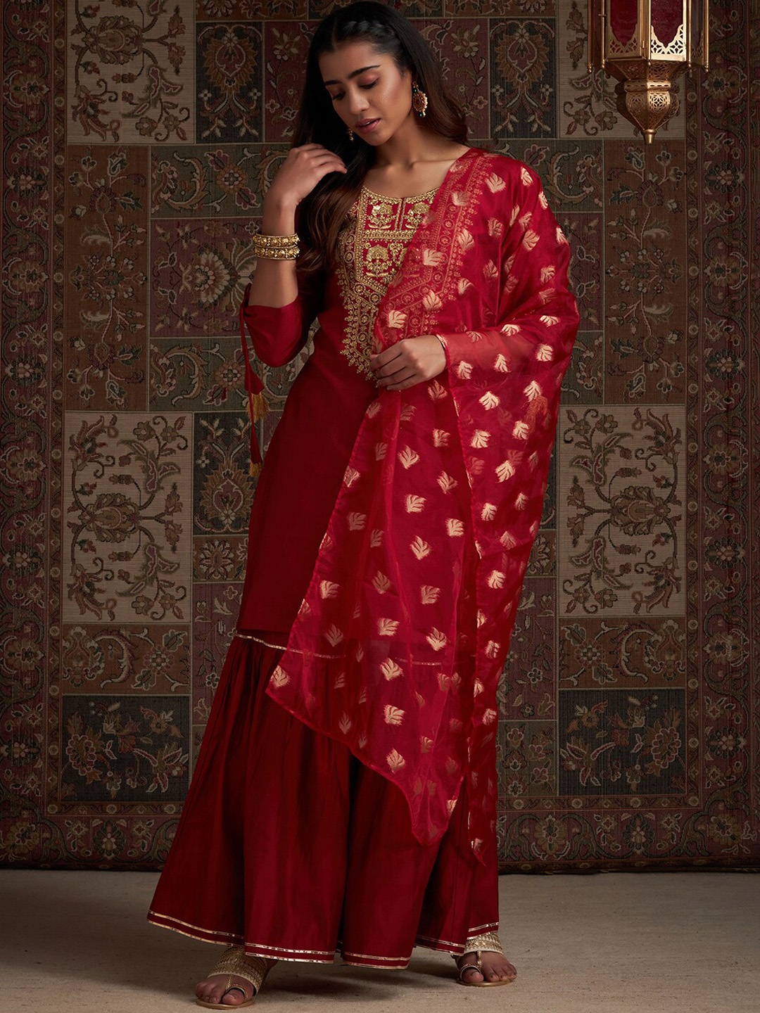 

Indo Era Red Floral Embroidered Regular Sequinned Kurta With Sharara & Dupatta